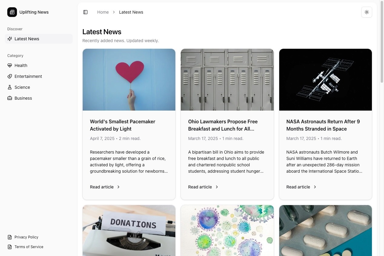 Uplifting News homepage in light mode.